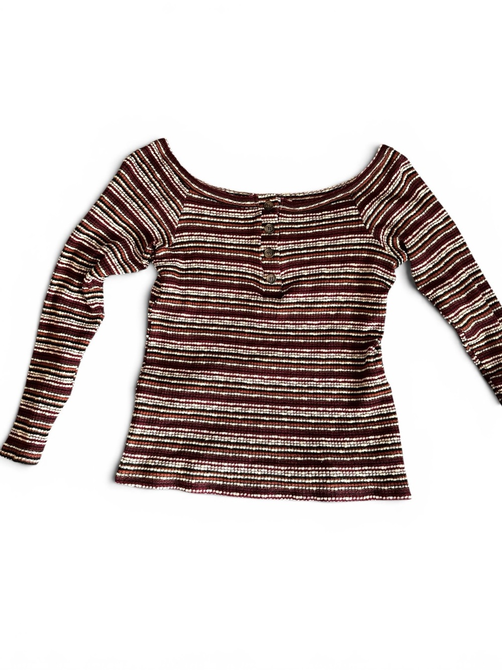 Project Social T Burgundy and White Striped Off-Shoulder Long Sleeve Top US L
